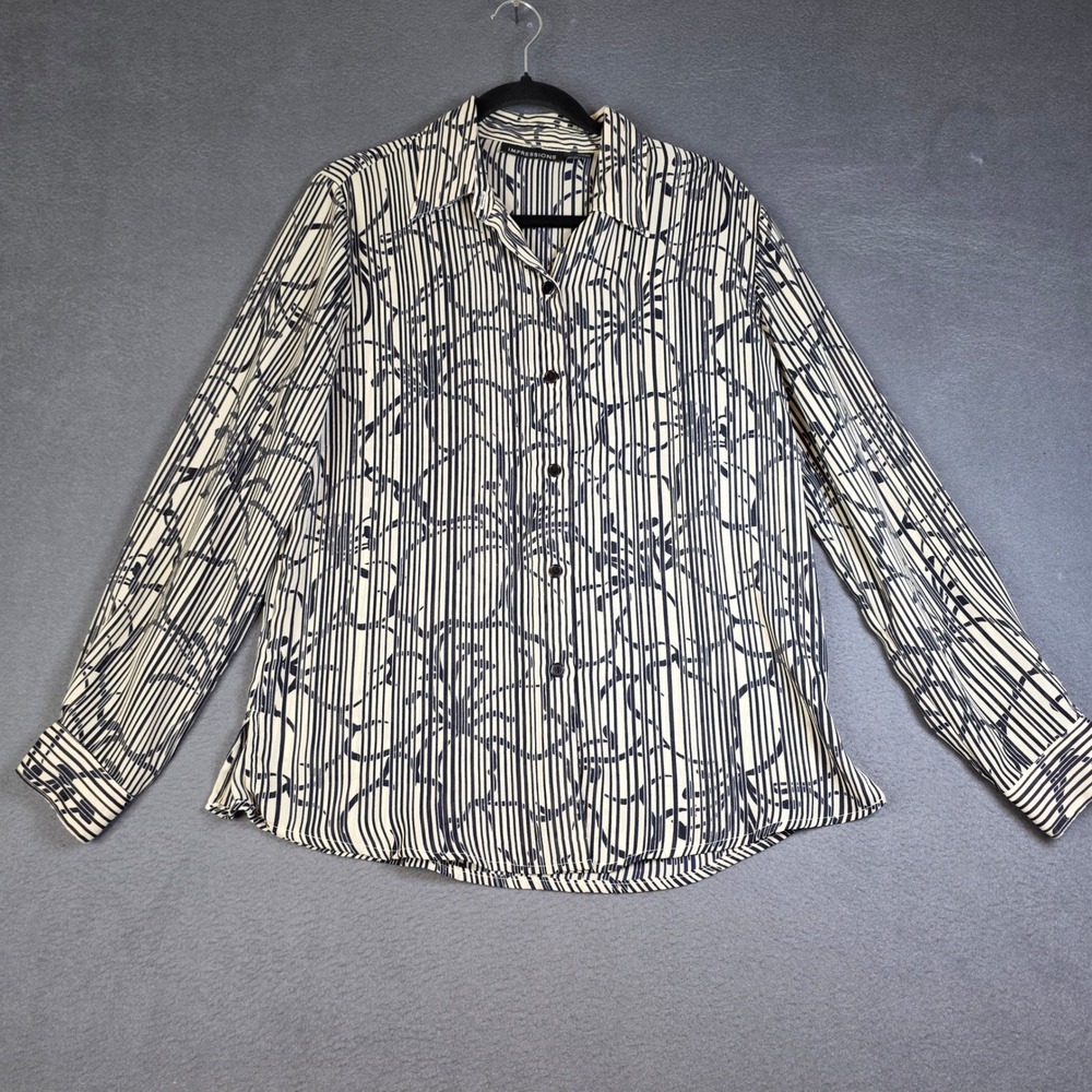 Impressions Button Down Women Medium Cream Navy Abstract Stripe Floral Shirt
